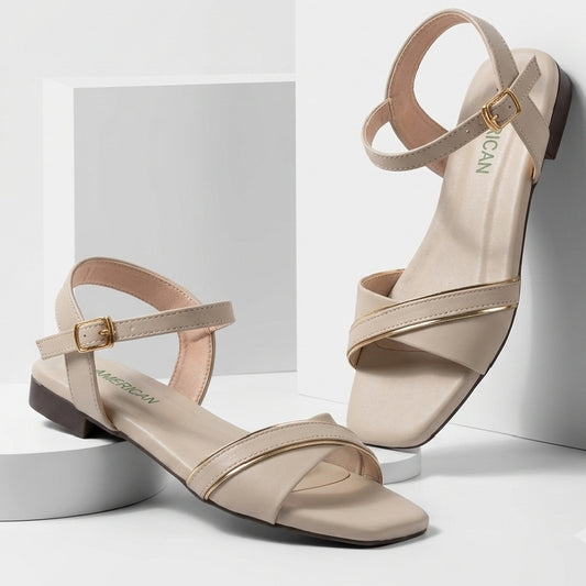 Ankle Wrap BEIGE Flat Sandals for Women