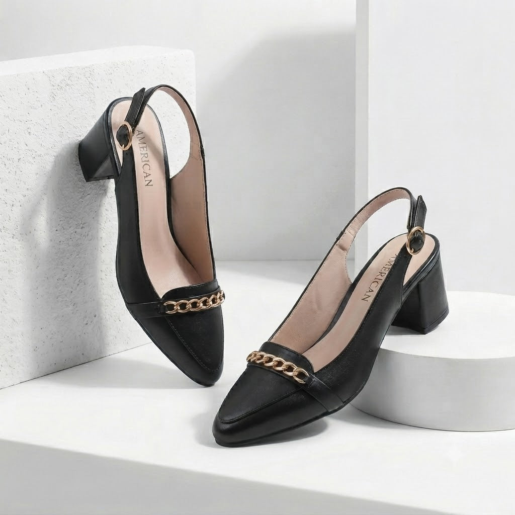 Chain Embellished BLACK Slingback Block Heel Court Shoes