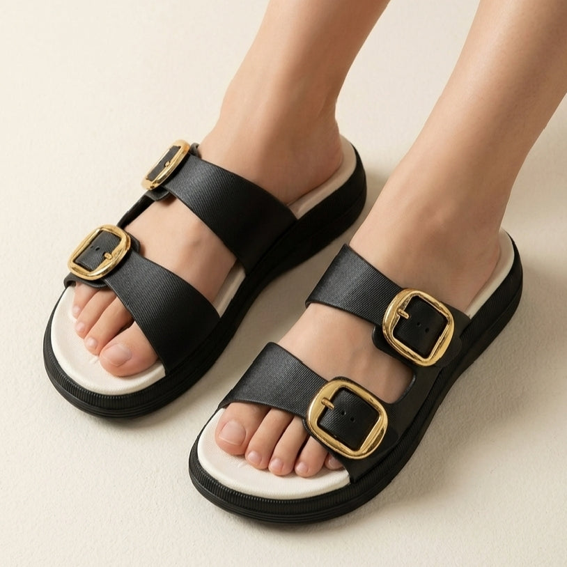 Adjustable Wedge Dual Buckle EVA Slides & Flip Flops for Women - BROWN