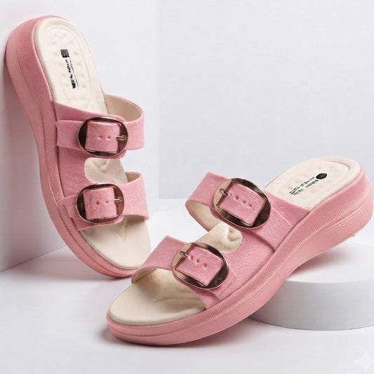 Adjustable Wedge Dual Buckle EVA Slides & Flip Flops for Women - PINK