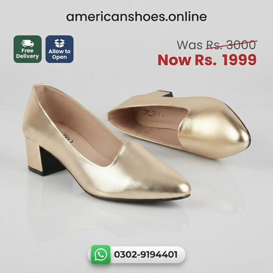 Women Patent Heel Court Shoes - Gold, Silver, Black