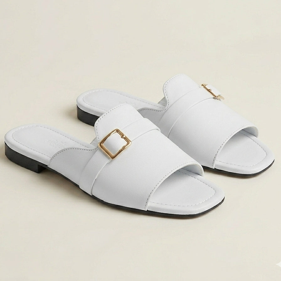 Side Buckle WHITE Flat Sandals