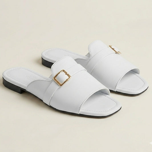 Side Buckle WHITE Flat Sandals