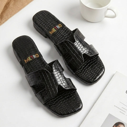 H-Shape BLACK Crocodile Flat Slippers for Women