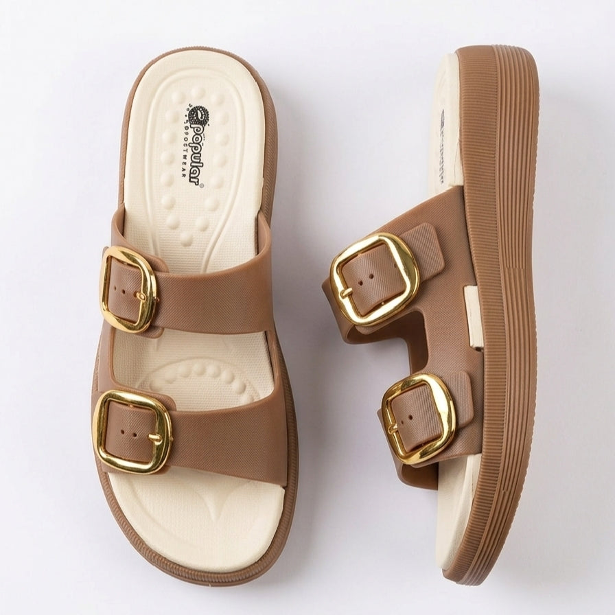 Adjustable Wedge Dual Buckle EVA Slides & Flip Flops for Women - BROWN