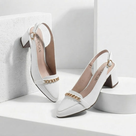 Chain Embellished WHITE Slingback Block Heel Court Shoes