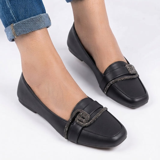 Flat Loafers BLACK Fancy Moccasin for Women