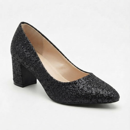 Glitter BLACK Heel Court Shoes for Women