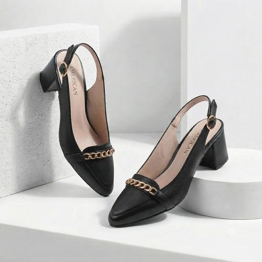 Chain Embellished BLACK Slingback Block Heel Court Shoes