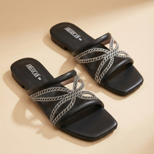 Leaf Shape BLACK Flat Sandals for Women