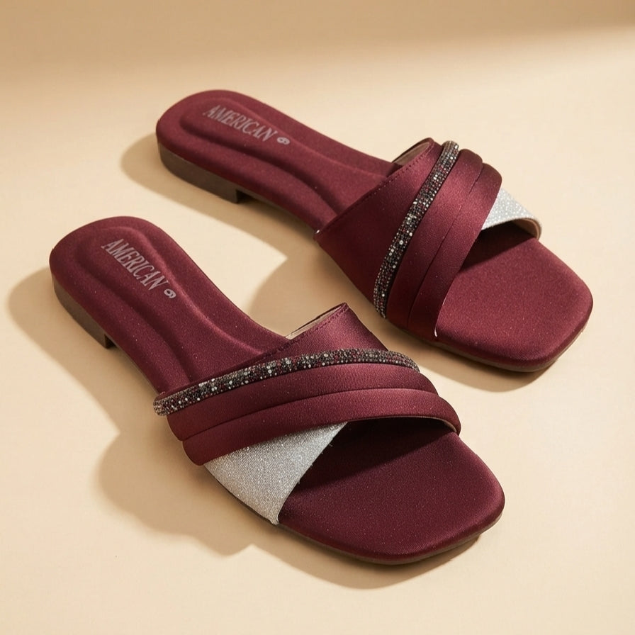 Women Silk MAROON Flat Slippers