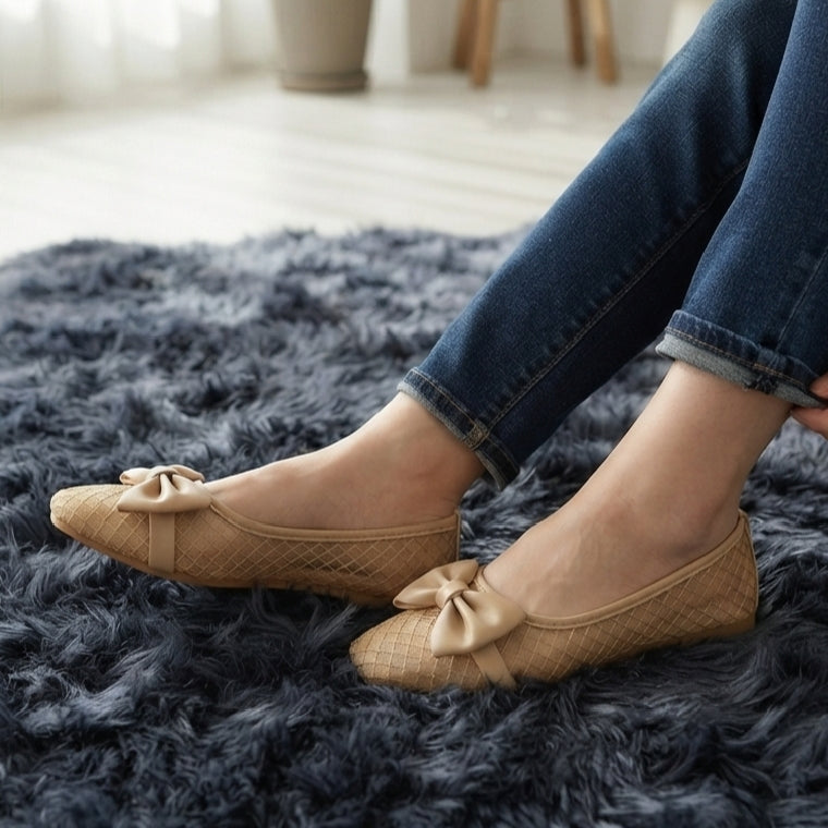 Knitted Bow BEIGE Flat Pumps & Loafers