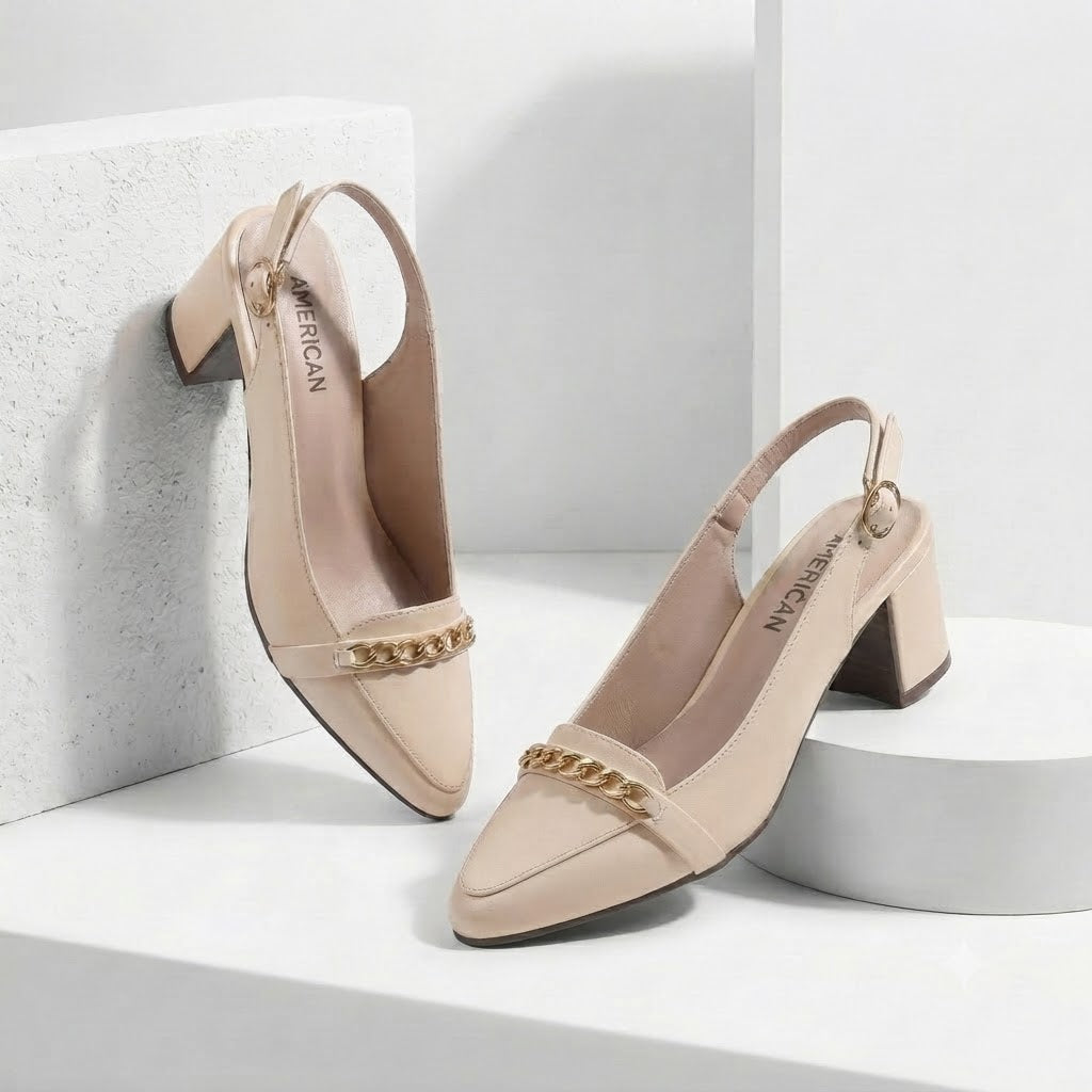 Chain Embellished BEIGE Slingback Block Heel Court Shoes