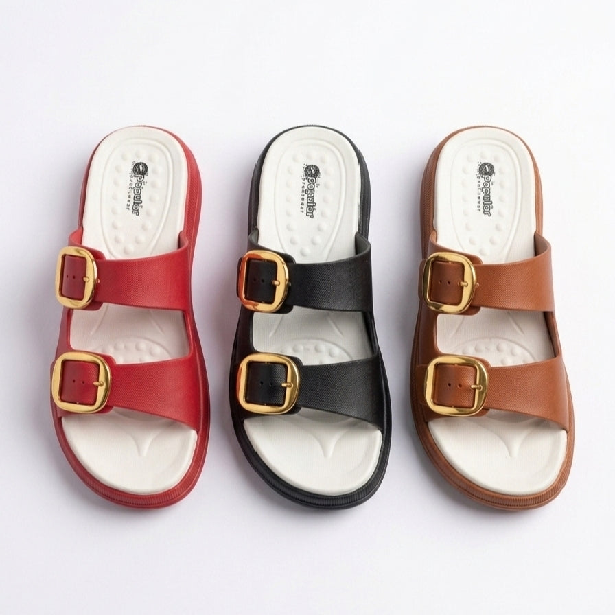 Adjustable Wedge Dual Buckle EVA Slides & Flip Flops for Women - BROWN