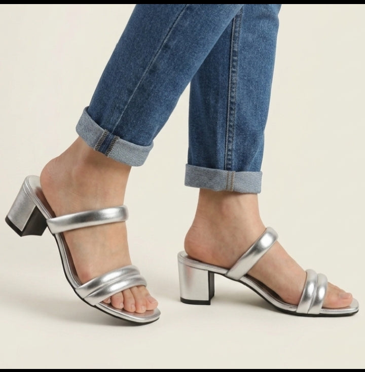 Nude Patent SILVER Block Heel Sandals