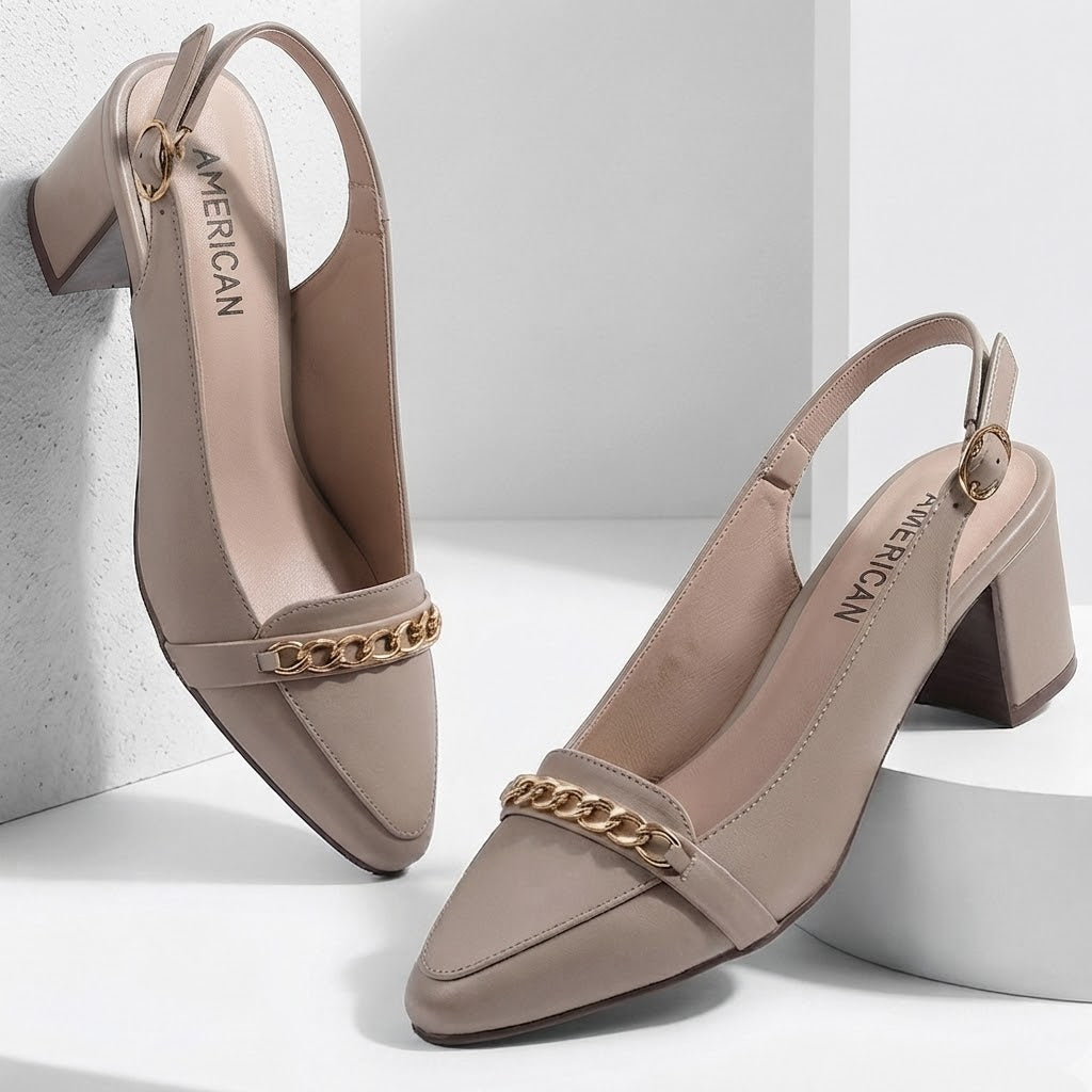 Chain Embellished FAWN Slingback Block Heel Court Shoes