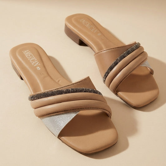 Women Silk BEIGE Flat Slippers