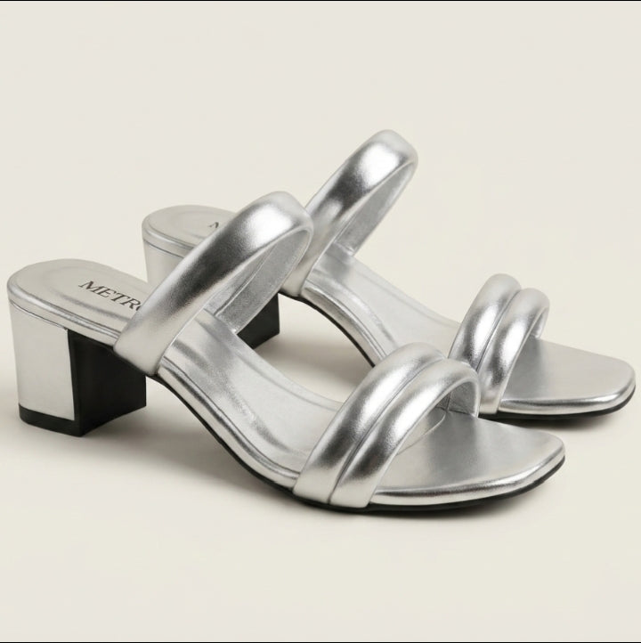 Nude Patent SILVER Block Heel Sandals