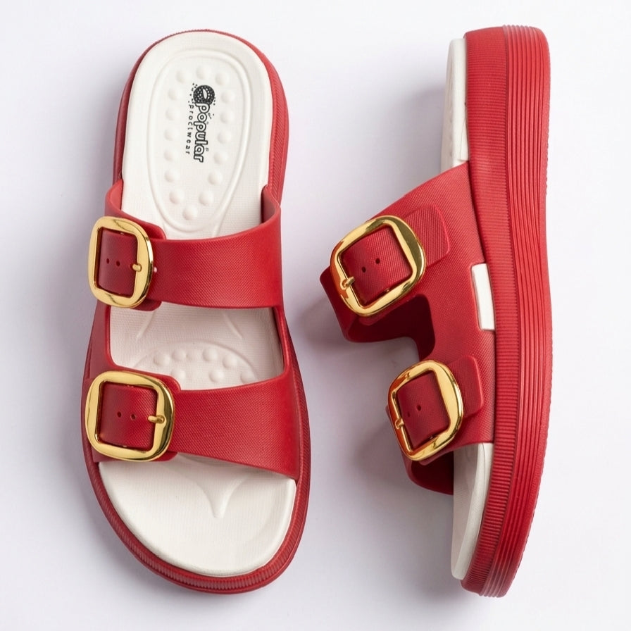 Adjustable Wedge Dual Buckle EVA Slides & Flip Flops for Women - BROWN