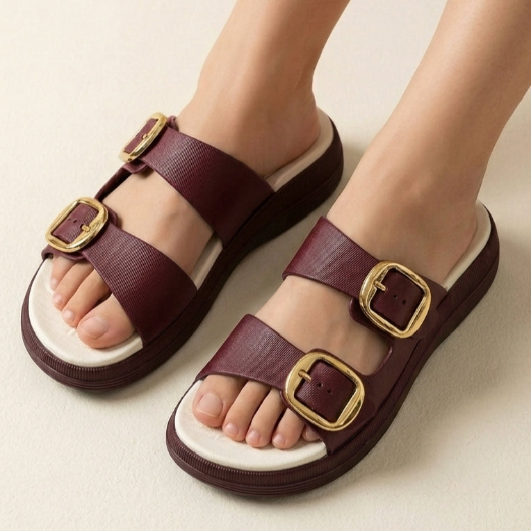 Adjustable Wedge Dual Buckle EVA Slides & Flip Flops for Women - BROWN