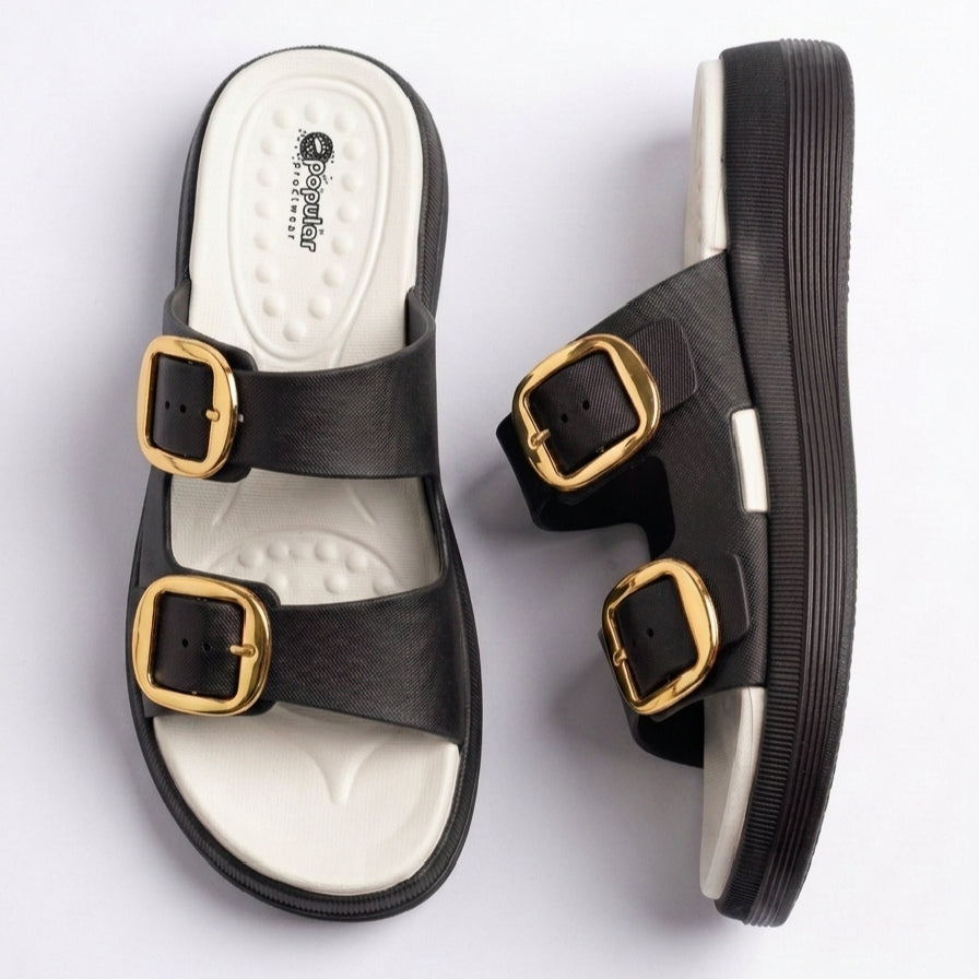 Adjustable Wedge Dual Buckle EVA Slides & Flip Flops for Women - BROWN
