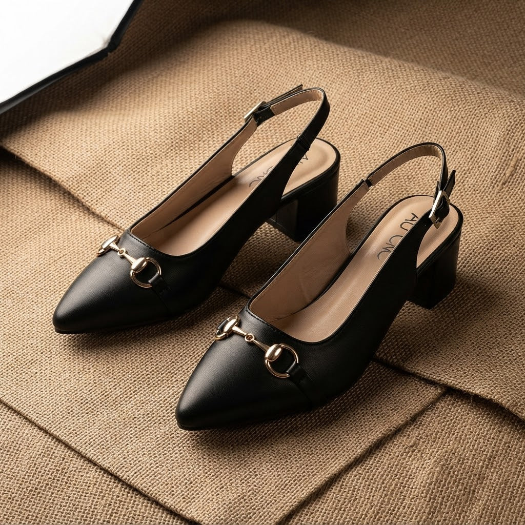 Slingback BLACK Block Heel Sandals & Court Shoes