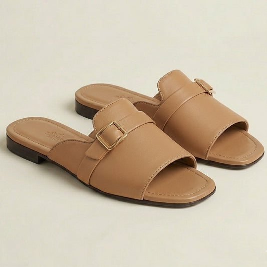 Side Buckle BEIGE Flat Sandals