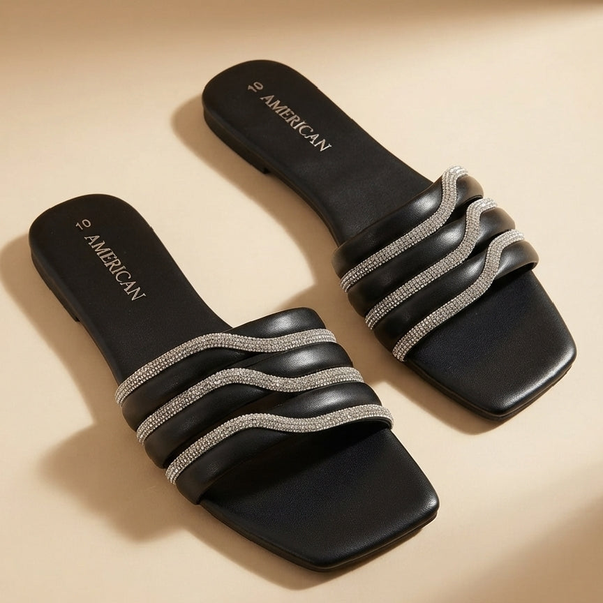 Strips BLACK Fancy Flat Sandals