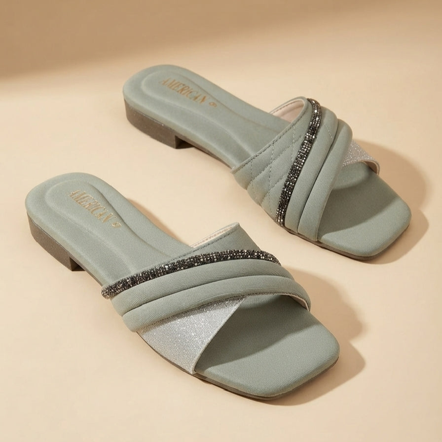 Women Silk GRAY Flat Slippers