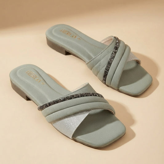 Women Silk GRAY Flat Slippers
