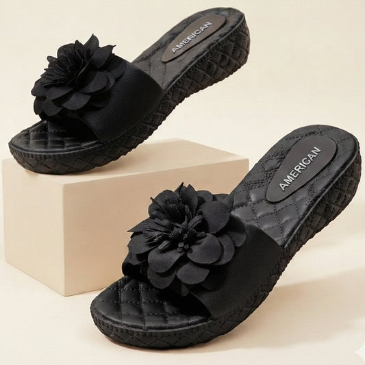 Flower BLACK Casual Flip Flops for Women