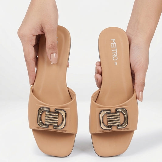 Buckled Bow BEIGE Flat Slippers