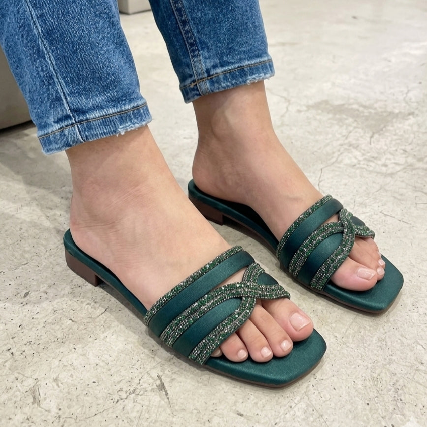Embellished GREEN Flat Slippers in Silk